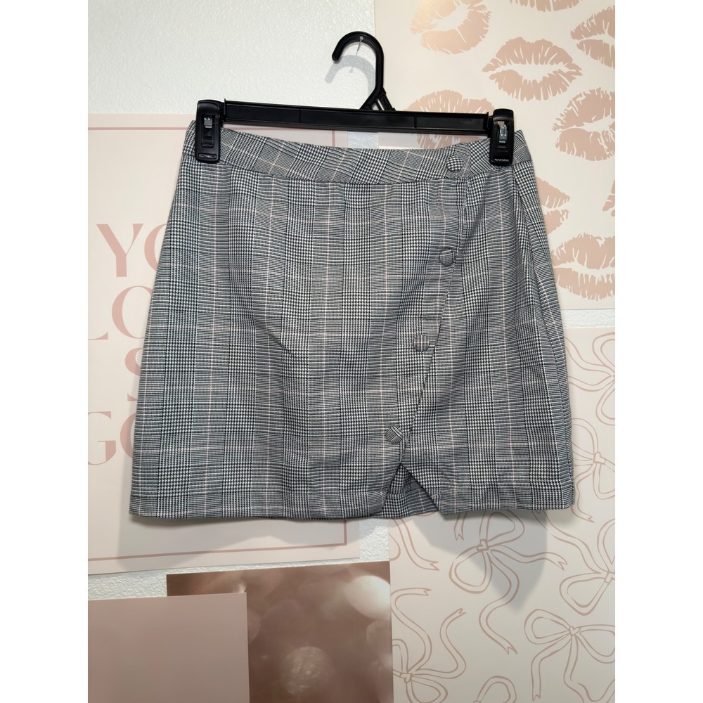 Mi Ami Grey Pink Glen Plaid Mini Skirt Button Front Wrap Size Medium
